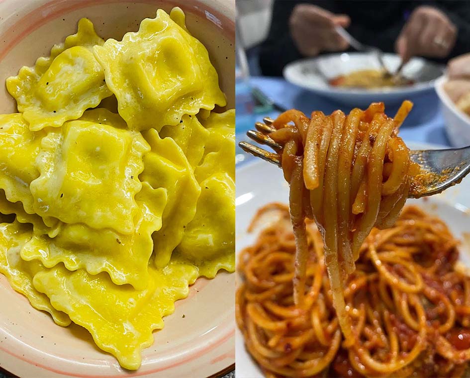 spaghetti on right, ravioli on left