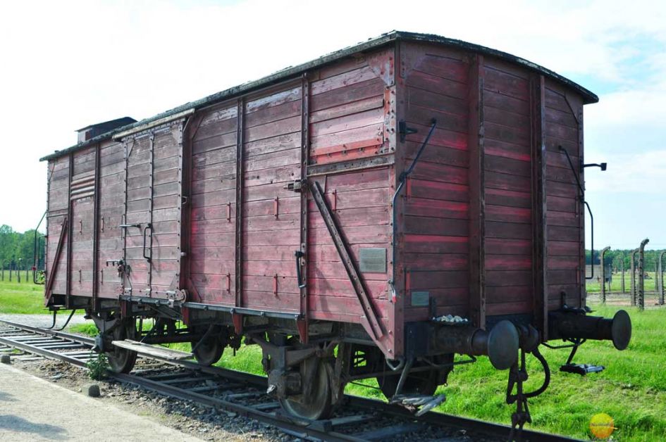 Auschwitz prisoner wagon train sitting on tracks that ended in Birkenau