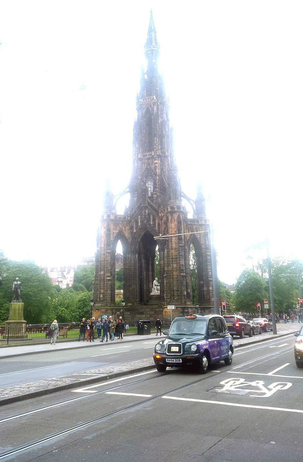 Scott Monument with cab in front Edinburgh weekend guide