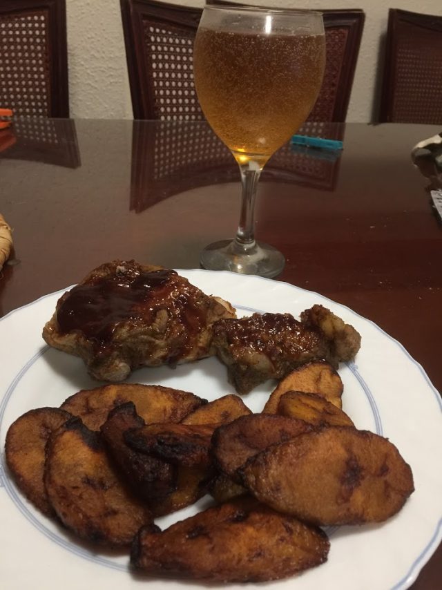 Tales From The Spanish Lockdown 10 ribs, plantain on plate and glass of beer