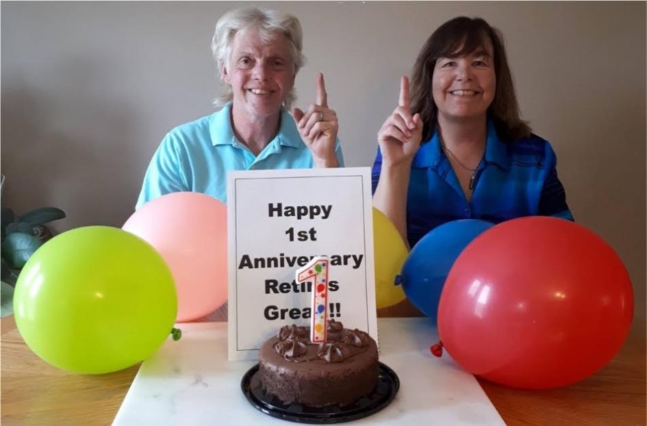 Retirement Is Great And Fulfilling: Shannon & Debbie 3 Celebration time - retirement is great and fulfilling couple with ballons and cake