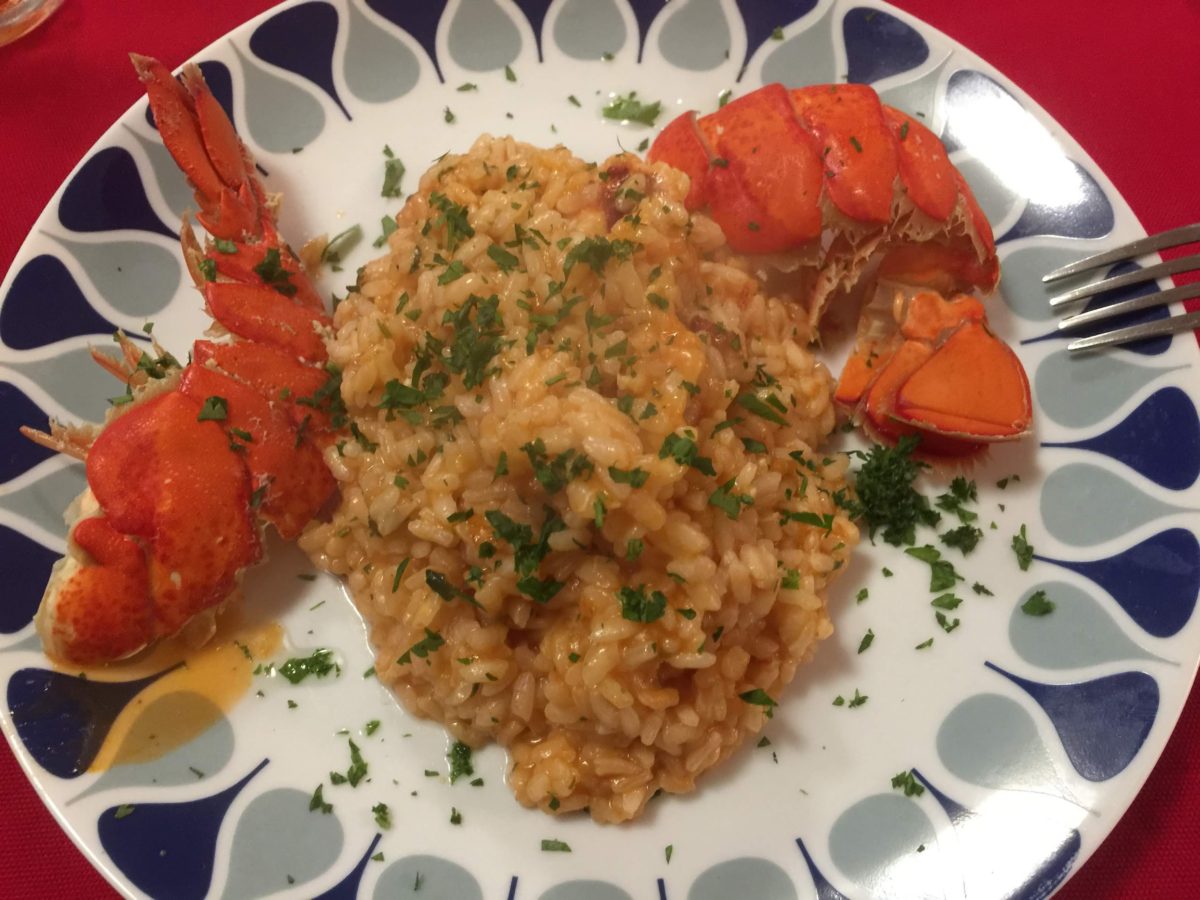 plate of risotto with lobster on white and blue plate as we wrap up 2021 year in review.