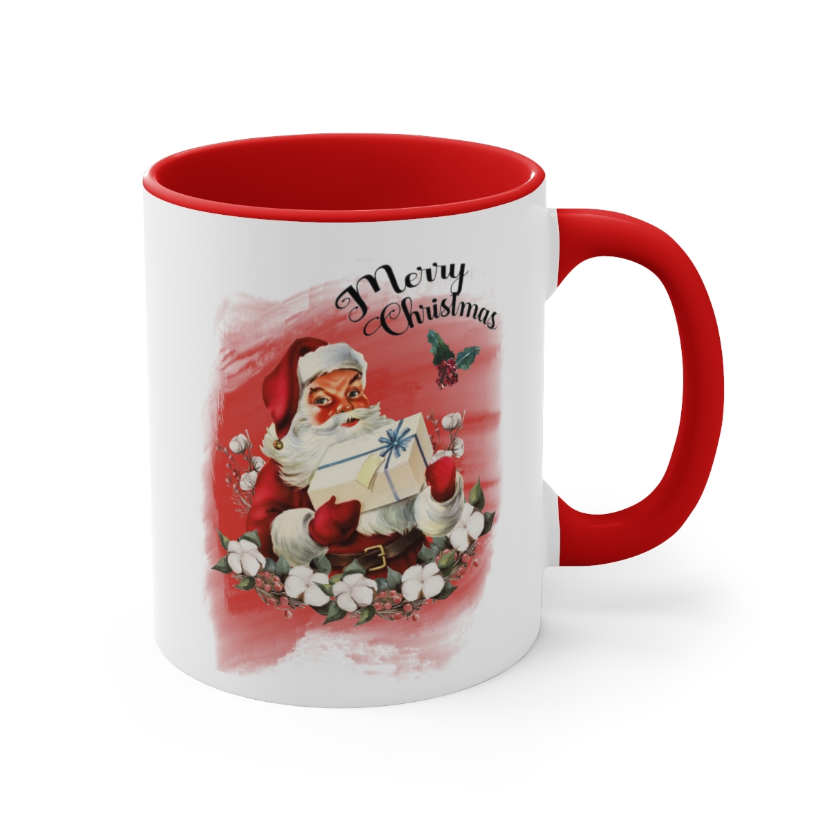 Christmas Santa mug that can be a personalized accent mug in red. Santa with gift